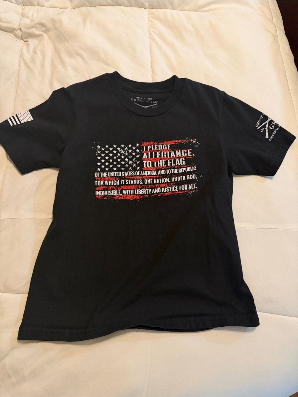 Grunt Style Black Kids Short Sleeve Tee with Distressed Flag Graphic